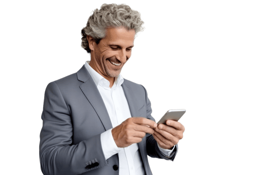 Portrait of smiling businessman looking at phone isolate on transparent background png