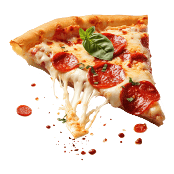 Hyperrealistic picture of neat slice of pepperoni pizza, focus on pizza background blurr, floating over transparent background png