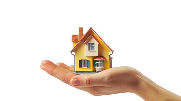 Miniature house model in human hand on transparent background png