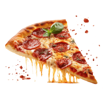 Hyperrealistic picture of neat slice of pepperoni pizza, focus on pizza background blurr, floating over transparent background png