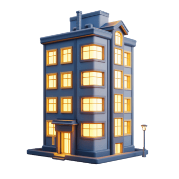 clay model of apartment building. 3d icon, clay icon, render, smooth surface, dark blue and warm yellow colors, glowing windows, transparent background png