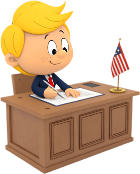 Playful cartoon president boy depicted in leadership role. . png