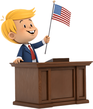 Fun cartoon boy president depicted in formal role. . png