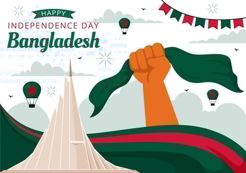 Festive Bangladesh Independence Day Art Featuring a Flag and National Landmark in Cartoon Style vector