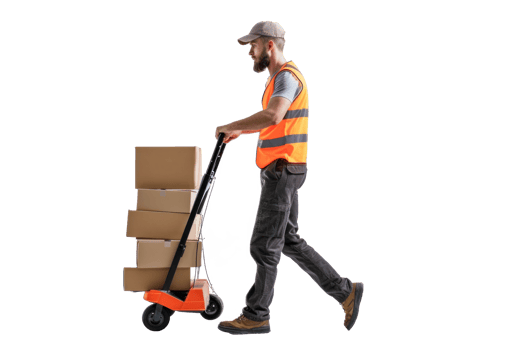 an heroic image of a postal worker wearing an safety vest and a hat, pushing a dolly with packages, on transparent background png