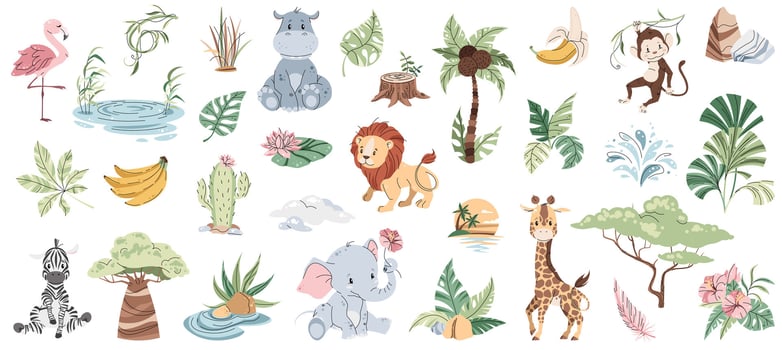Set of African animals and plants on white background. Illustration of cute savannah animals in flat cartoon style. Safari collection. clipart for clothes, fabric, greeting cards, stickers, etc vector