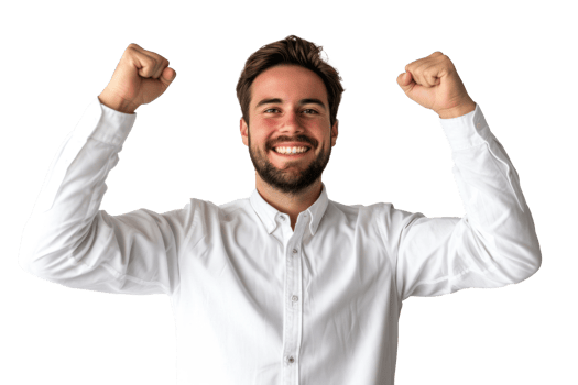 Medium shot smiling young business man celebrating isolated on transparent background png