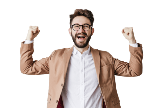 Medium shot smiling young business man celebrating isolated on transparent background png