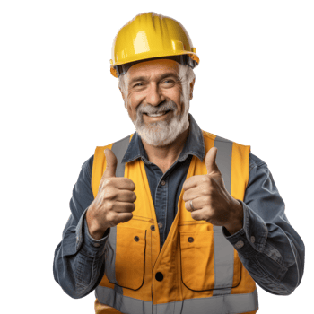 Happy middle aged man engineer, thump up, smile face, half body, on transparent background png