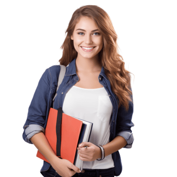 University student, holding notebooks, wearing bag , smiling, transparent background png