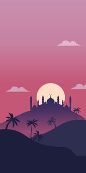 Islamic mosque with palm trees and sunset in the background vector