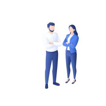 Professional man and woman standing confidently in a corporate environment. png