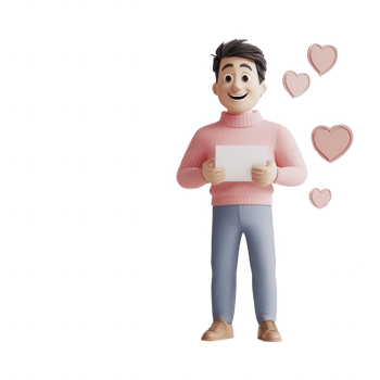 A cheerful character holding a message with hearts around, symbolizing love and positivity. png