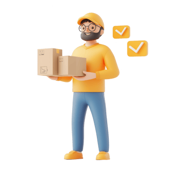 A cheerful delivery person holding boxes with checkmarks, symbolizing efficiency. png