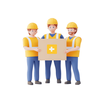 Three construction workers collaborating with a safety box for a project. png