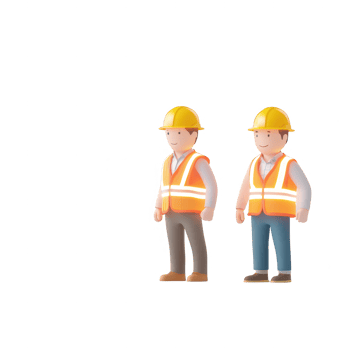 Two construction workers in safety vests and helmets standing confidently. png