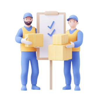 Two delivery workers organizing packages with a checklist for efficient logistics. png