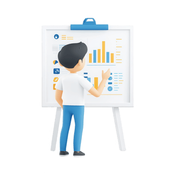 A person analyzing data on a presentation board with charts and graphs. png