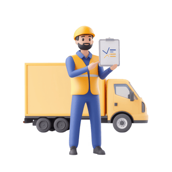 A delivery man holding a clipboard next to a yellow delivery truck. png