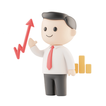 A 3D character showing growth with a rising graph and cheerful demeanor. png