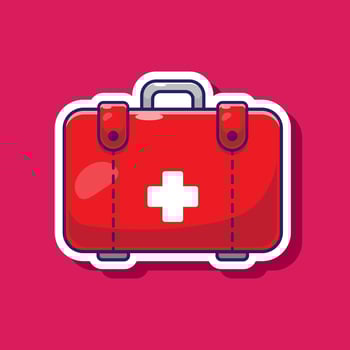 First aid kit medical facility box equipment icon illustration emergency accident first prevention. Medical theme sticker with flat style concept vector
