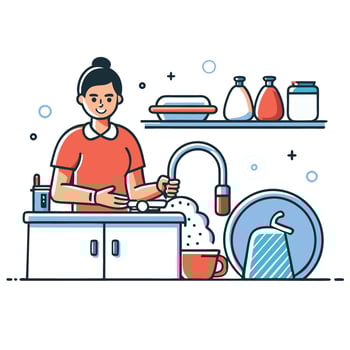 Conceptual Illustration of a Person Washing Dishes in a Domestic Setting vector