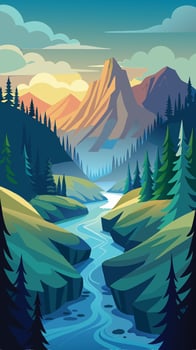 River Winding Through Lush Forest, Vibrant Landscape Illustration vector
