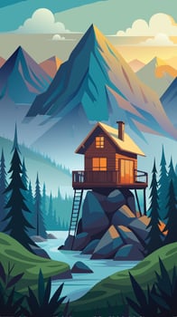 Charming Small Wooden Cabin Nestled on a Hilltop with Nature s Embrace vector