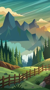 Misty Mountain Landscape with Wooden Fence Bordering Tranquil Path vector