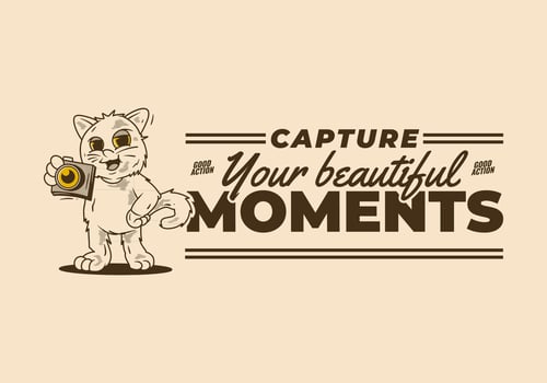 Capture your beautiful moment. Mascot character of a standing cat holding a a pocket camera vector