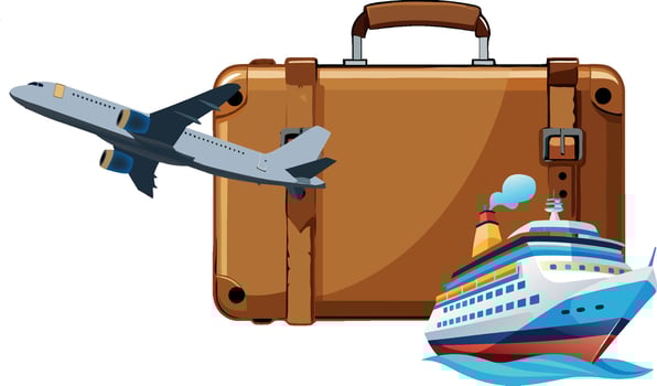 A suitcase and a plane are next to a cruise ship vector