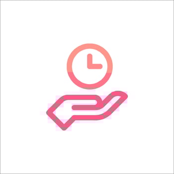 A pink and red icon of a hand holding a clock vector