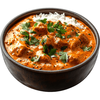 Chicken Tikka Masala with rice in a wooden bowl. png