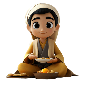 Cute cartoon boy enjoys meal. png