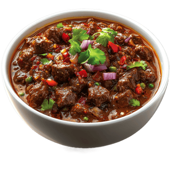 Spicy beef stew in a bowl, garnished with cilantro and red onion. png