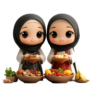 Two cute girls in hijab holding food. png