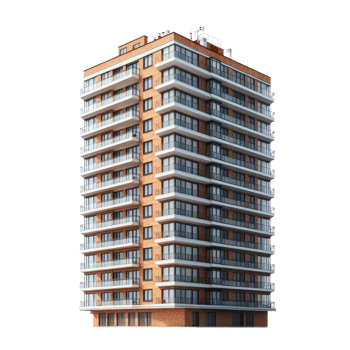 Modern apartment building, orange brick facade, many balconies. png