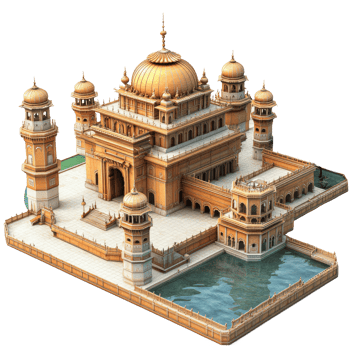 Isometric view of a grand, ornate temple complex with a golden dome, situated beside a body of water. png
