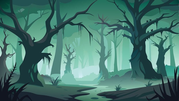 Eerie forest landscape with twisted trees and mysterious glowing eyes during twilight hours creating an atmospheric setting of intrigue and suspense vector