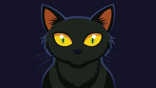 A cartoon-style black cat with striking green eyes standing on a dark green background, showcasing its playful and mysterious nature during a whimsical illustration vector