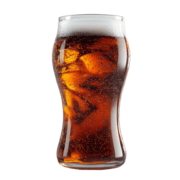 Cold, fizzy brown drink in a glass with ice. png