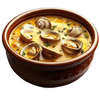 Creamy clam chowder in a rustic bowl, garnished with fresh herbs. png