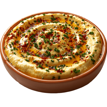Creamy hummus in bowl, topped with olive oil and paprika. png