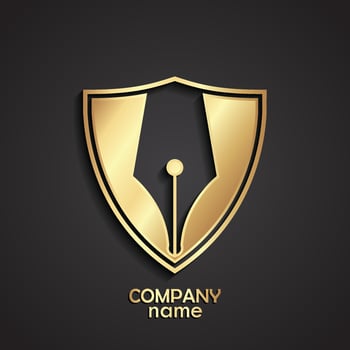 3d golden shield with ink pen shape heraldry logo design vector