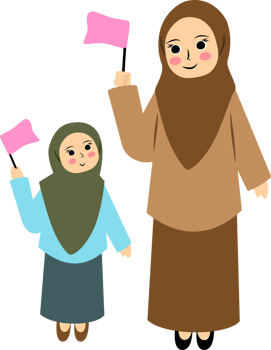 Muslim teacher holding pink flag with student png