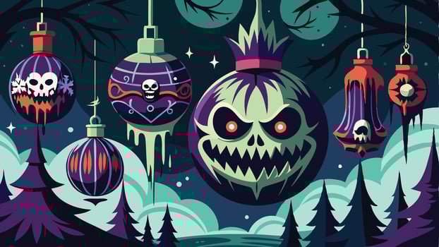 A spooky collection of Halloween-themed ornaments hanging against a dark forest backdrop with eerie colors and illustrations of skulls and ghouls vector