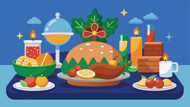 A festive table display featuring a large roasted turkey with assorted fruits, decorative candles, and seasonal decor set up for a holiday celebration in a cheerful atmosphere vector