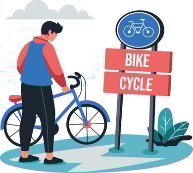 A flat illustration of a character parking his cycle vector