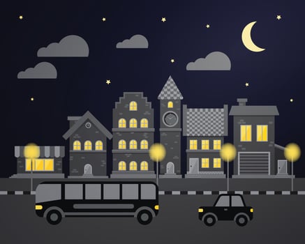 Night city street scene with bus and cars vector