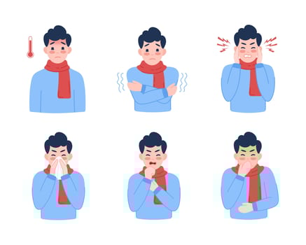Flu symptoms. Man showing cold symptoms. Flu symptoms, fever, cough, chills, dizziness, nausea, runny nose, headache, sore throat, illness. vector